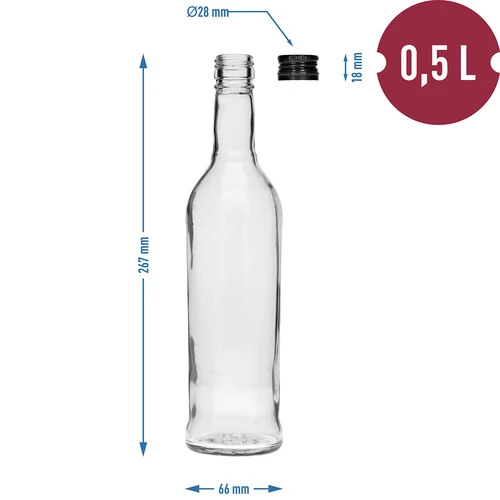 Butelka 500 ml Smukła, z zakrętką czarną, na wódkę, 6 szt. - 7 ['butelki z zakrętkami', ' butelka z zakrętką', ' monopolówka', ' monopolówki', ' butelka na wódkę', ' butelki na wódkę', ' butelka na sok', ' butelki na soki', ' butelka na nalewkę', ' butelki na nalewkę', ' butelki na alkohole', ' butelka na alkohol', ' czarne zakrętki', ' biała butelka', ' zakręcana butelka', ' butelki zakręcane', ' butelki o smukłym kształcie']