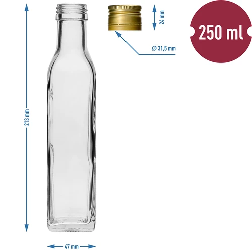 Butelka Maraska 250 ml z zakrętką, 6 szt. - 7 ['butelka Maraska', ' butelka maraska', ' butelka szklana', ' butelka 250ml', ' zestaw butelek', ' szklane butelki', ' butelki na ocet', ' butelki na oliwę', ' butelki z zakrętką']