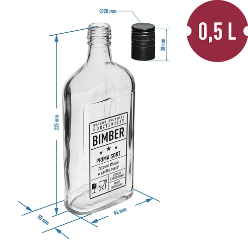 Butelka Piersiówka 0,5 L z zakrętką i nadrukiem Bimber PRL - 5 ['butelka', ' butelki', ' butelki z nadrukiem', ' butelka na nalewki', ' butelka na bimber', ' butelka na alkohol', ' butelka z nadrukiem', ' butelka szklana z nadrukiem i zakrętką', ' butelki 500 ml z korkiem', ' butelki na korek zestaw', ' na wesele', ' butelka na domowy alkohol', ' butelka na prezent', ' butelka piersiówka', ' butelka z nadrukiem bimber prima sort']