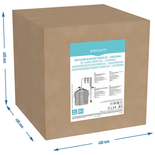 Destylator klasyczny Convex 30 L - 2 odstojniki - 10 ['destylator Browin', ' destylatory modułowe', ' destylator z odstojnikami', ' destylator modułowy', ' odstojniki do destylatora', ' czysty destylat', ' zestaw destylacyjny', ' wypukła pokrywa', ' pokrywa typu convex', ' pojemnik destylacyjny z pokrywą', ' zestw do destylacji', ' zestaw destylacyjny do rozbudowy', ' destylacja na różnych źródłach ciepła']