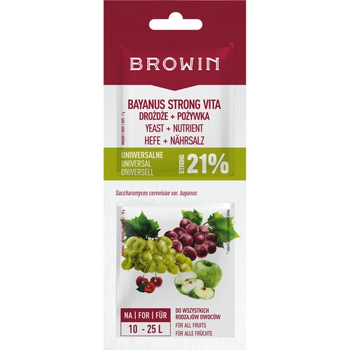 Drożdże Bayanus + pożywka - Uniwersalne - 21%, 17 g  - 1 ['drożdże winiarskie', ' drożdże Bayanus', ' do wina czerwonego', ' do wina białego', ' do wina z winogron', ' do wina różowego', ' pożywka dla drożdży', ' do wina owocowego', ' mocne wino', ' 21%']