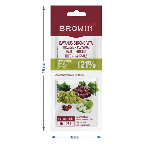 Drożdże Bayanus + pożywka - Uniwersalne - 21%, 17 g - 3 ['drożdże winiarskie', ' drożdże Bayanus', ' do wina czerwonego', ' do wina białego', ' do wina z winogron', ' do wina różowego', ' pożywka dla drożdży', ' do wina owocowego', ' mocne wino', ' 21%']