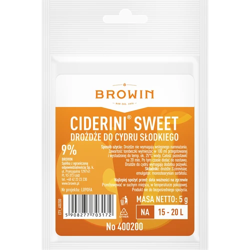 Drożdże cydrowe Ciderini Sweet, 5 g  - 1 ['drożdże do cydru', ' drożdże do cydru jabłkowego', ' drożdże do cydru gruszkowego', ' drożdże do cydru słodkiego', ' drożdże do cydru półsłodkiego', ' cydr jabłkowy', ' cydr gruszkowy']