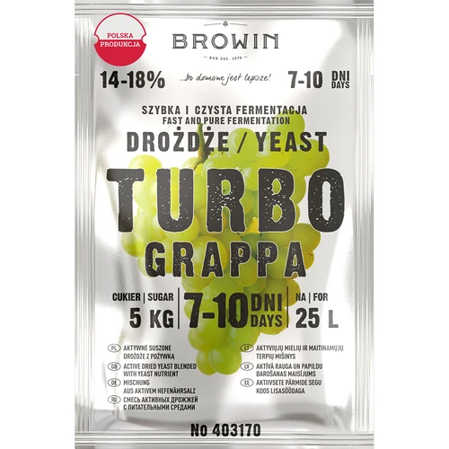 Drożdże gorzelnicze Turbo Grappa 7-10 dni  - 1 ['drożdże do alkoholu', ' drożdże do spirytusu', ' drożdże do bimbru', ' drożdże do samogonu', ' drożdże do księżycówki', ' bimber', ' samogon', ' księżycówka', ' fermentacja wytłoków owocowych', ' grappa domowa']