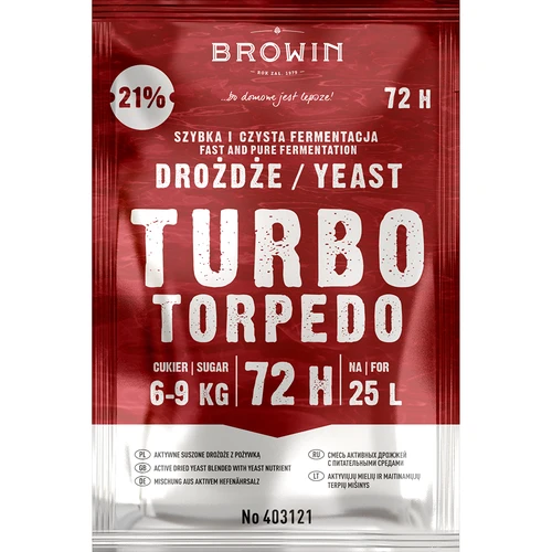 Drożdże gorzelnicze Turbo Torpedo 72h 21% - 120 g - 2 ['drożdże turbo', ' drożdże gorzelnicze', ' drożdże do alkoholu', ' do nastawów owocowych', ' drożdże do ziemniaków', ' drożdże do 21%', ' do bimbru', ' drożdże mocne', ' destylacja', ' do nastawów wysokoprocentowych', ' drożdże browin', ' drożdże do whiskey', ' drożdże do wódki z ziemniaków', ' alkohole domowe', ' drożdże 72h']