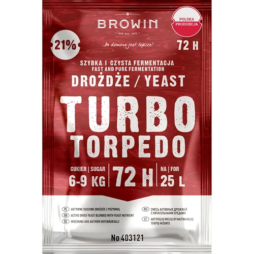 Drożdże gorzelnicze Turbo Torpedo 72h 21% - 120 g  - 1 ['drożdże turbo', ' drożdże gorzelnicze', ' drożdże do alkoholu', ' do nastawów owocowych', ' drożdże do ziemniaków', ' drożdże do 21%', ' do bimbru', ' drożdże mocne', ' destylacja', ' do nastawów wysokoprocentowych', ' drożdże browin', ' drożdże do whiskey', ' drożdże do wódki z ziemniaków', ' alkohole domowe', ' drożdże 72h']