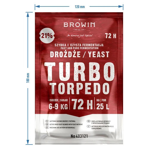 Drożdże gorzelnicze Turbo Torpedo 72h 21% - 120 g - 4 ['drożdże turbo', ' drożdże gorzelnicze', ' drożdże do alkoholu', ' do nastawów owocowych', ' drożdże do ziemniaków', ' drożdże do 21%', ' do bimbru', ' drożdże mocne', ' destylacja', ' do nastawów wysokoprocentowych', ' drożdże browin', ' drożdże do whiskey', ' drożdże do wódki z ziemniaków', ' alkohole domowe', ' drożdże 72h']