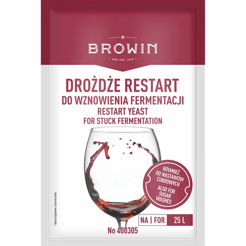 Drożdże Restart - 22 g  - 1 ['restart', ' drożdże do restartu', ' do wznowienia fermentacji', ' drożdże wysokoalkoholizujące', ' drożdże do trudnych warunków', ' fermentacja', ' drożdże plus pożywka', ' do nastawów', ' do win i zacierów', ' do 18% alkoholu']