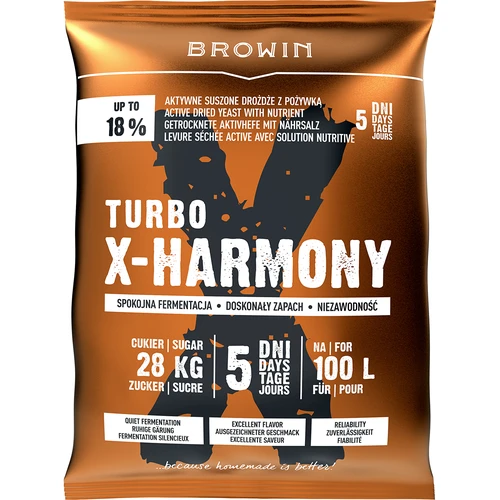 Drożdże Turbo X-Harmony 18%, 100 L, 360g  - 1 ['drożdże gorzelnicze', ' drożdże do alkoholu', ' drożdże turbo', ' drożdże harmony', ' drożdże 18%', ' drożdże do bimbru', ' do samogonu', ' drożdże gorzelnicze na 100 litrów', ' nastaw 100L', ' czysta fermentacja', ' cukrówki', ' do nastawów', ' do nastawów z cukru', ' spokojna fermentacja', ' ładny zapach podczas fermentacji', ' stabilna fermentacja', ' łatwe klarowanie', ' destylacja', ' drożdże x', ' drożdże Browin', ' drożdże 18%', ' drożdże alco', ' drożdże alko', ' polecane drożdże', ' drożdże wysokiej jakości', ' drożdże suszone z pożywką', ' łatwe klarowanie nastawu']