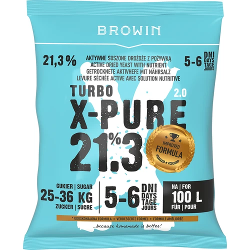 Drożdże Turbo X-Pure 21,3%, 100L  - 1 ['drożdże gorzelnicze', ' drożdże do alkoholu', ' drożdże Turbo Pure', ' drożdże 21%', ' drożdże wysokoalkoholizujące', ' do samogonu', ' do bimbru', ' drożdże gorzelnicze 100 L', ' drożdże na sto litrów', ' czysta fermentacja', ' wydajna fermentacja', ' 100 l nastawu', '']