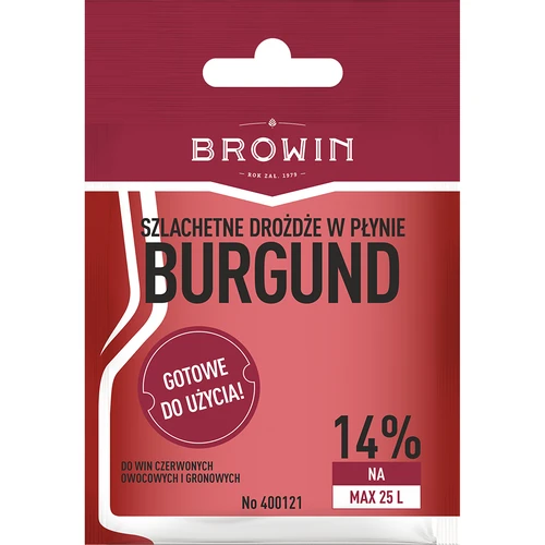 Drożdże winiarskie Burgund bez namnażania, 20 ml  - 1 ['drożdże do win czerwonych', ' jakie drożdże do aroni', ' drożdże do ciemnych winogron', ' wino aroniowe', ' wino gronowe', ' bez namnażania', ' drożdże w płynie', ' drożdże winiarskie', ' domowe wino', ' wino jagodowe', ' wino z czarnego bzu']