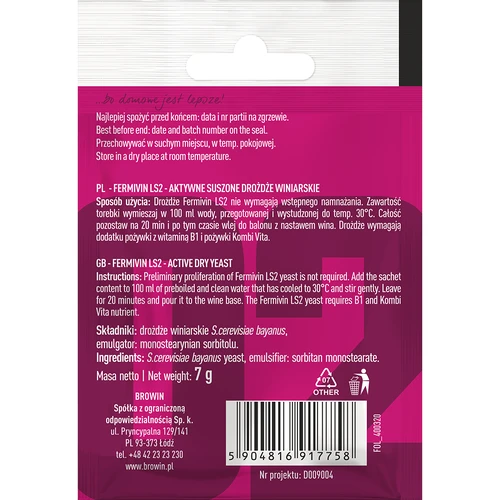 Drożdże winiarskie Fermivin LS2, 7 g - 2 ['szlachetne drożdże', ' drożdże winiarskie', ' drożdże suszone winiarskie', ' Fermivin LS2', ' drożdże do win czerwonych', ' do win różowych', ' do win musujących', ' drożdże do restartu wina', ' drożdże do restartu fermentacji', ' drożdże do fermentacji']