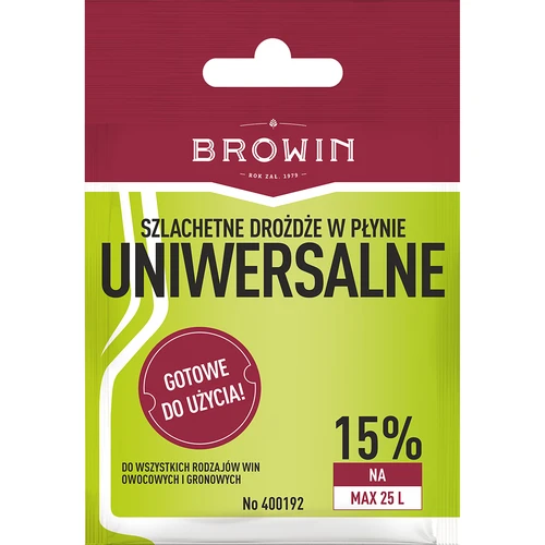 Drożdże winiarskie Uniwersalne bez namnażania, 20 ml  - 1 ['drożdże winiarskie w płynie', ' drożdże bez namnażania', ' drożdże browin', ' drożdże do win białych i czerwonych', ' wino truskawkowe', ' wino jabłkowe', ' wino z rabarbaru', ' wino ze śliwek', ' jakie drożdże', ' wino 15 %']