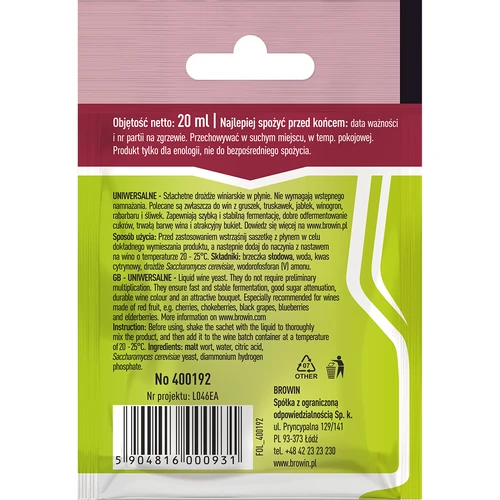 Drożdże winiarskie Uniwersalne bez namnażania, 20 ml - 2 ['drożdże winiarskie w płynie', ' drożdże bez namnażania', ' drożdże browin', ' drożdże do win białych i czerwonych', ' wino truskawkowe', ' wino jabłkowe', ' wino z rabarbaru', ' wino ze śliwek', ' jakie drożdże', ' wino 15 %']