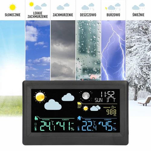 Elektroniczna stacja pogody – bezprzewodowa, z czujnikiem, czarna - 9 ['bezprzewodowa stacja pogody', ' pomiar temperatury zewnętrznej i wewnętrznej', ' pomiar wilgotności', ' stacja pogody z kalendarzem', ' stacja pogody z budzikiem', ' dokładna stacja pogody', ' stacja pogodowa', ' elektroniczna stacja pogody', ' uniwersalna stacja pogody', ' idealny miernik pogody', ' kontrola temperatury', ' pogodynka', ' czujnik wilgotności', ' higrometr', ' barometr', ' pomiar ciśnienia atmosferycznego', ' pogodynka', ' fazy księżyca', ' pomysł na prezent', ' trendy', ' stacja pogody z kolorowym wyświetlaczem']