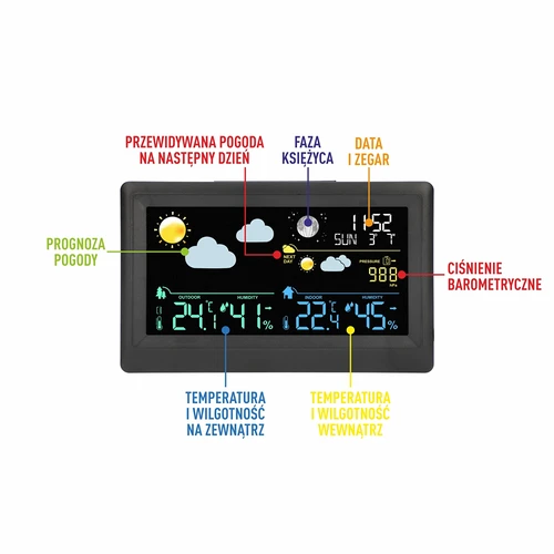Elektroniczna stacja pogody – bezprzewodowa, z czujnikiem, czarna - 8 ['bezprzewodowa stacja pogody', ' pomiar temperatury zewnętrznej i wewnętrznej', ' pomiar wilgotności', ' stacja pogody z kalendarzem', ' stacja pogody z budzikiem', ' dokładna stacja pogody', ' stacja pogodowa', ' elektroniczna stacja pogody', ' uniwersalna stacja pogody', ' idealny miernik pogody', ' kontrola temperatury', ' pogodynka', ' czujnik wilgotności', ' higrometr', ' barometr', ' pomiar ciśnienia atmosferycznego', ' pogodynka', ' fazy księżyca', ' pomysł na prezent', ' trendy', ' stacja pogody z kolorowym wyświetlaczem']
