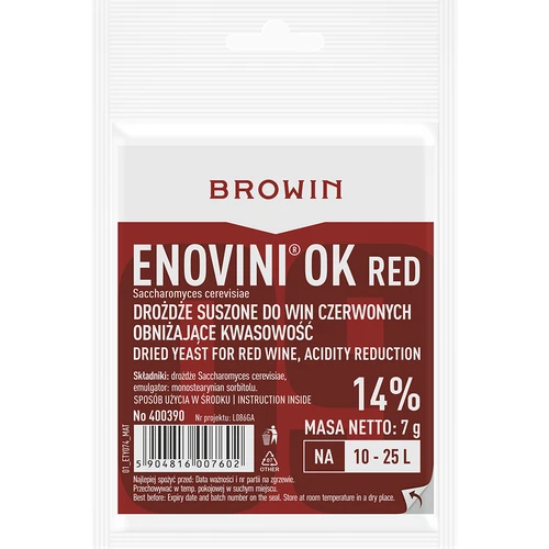 Enovini® OK RED - drożdże winiarskie obniżające kwasowość 7 g  - 1 ['drożdże do ciemnych winogron', ' drożdże do wiśni', ' wino z wiśni', ' wino z winogron', ' drożdże obniżające kwasowość', ' drożdże do win czerwonych', ' drożdże suszone', ' wino domowe', ' drożdże redukujące kwasowość', ' drożdże Enovini', ' drożdże winiarskie Browin']