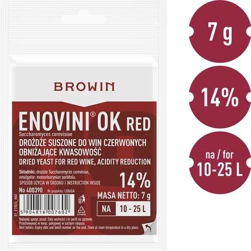 Enovini® OK RED - drożdże winiarskie obniżające kwasowość 7 g - 4 ['drożdże do ciemnych winogron', ' drożdże do wiśni', ' wino z wiśni', ' wino z winogron', ' drożdże obniżające kwasowość', ' drożdże do win czerwonych', ' drożdże suszone', ' wino domowe', ' drożdże redukujące kwasowość', ' drożdże Enovini', ' drożdże winiarskie Browin']