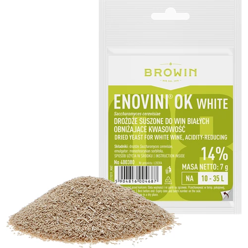 Enovini® OK WHITE - drożdże winiarskie obniżające kwasowość 7 g - 2 ['drożdże do jabłek', ' drożdże do białych winogron', ' wino z jabłek', ' wino z winogron', ' drożdże obniżające kwasowość', ' drożdże do win białych', ' drożdże suszone', ' wino domowe', ' drożdże redukujące kwasowość']