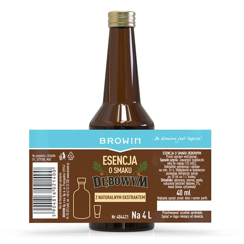 Esencja o smaku dębowym z naturalnym aromatem i ekstraktem - 40 ml, na 4L - 4 ['aromat do alkoholu', ' do aromatyzowania alkoholu', ' do alkoholi domowych', ' zaprawka do alkoholu dębowa', ' dąb', ' aromat dębówka', ' zaprawka do bimbru', ' esencje do bimbru', ' oak', ' zaprawka do alkoholu', ' aromat do alkoholu', ' aromat do wódki', ' esencja smakowa', ' aromat do nalewek', ' esencja z naturalnym aromatem i ekstraktem', ' aromat dębowy', ' naturalna esencja do alkoholu', ' esencje', ' esencje do bimbru', ' esencja o smaku dębówki']