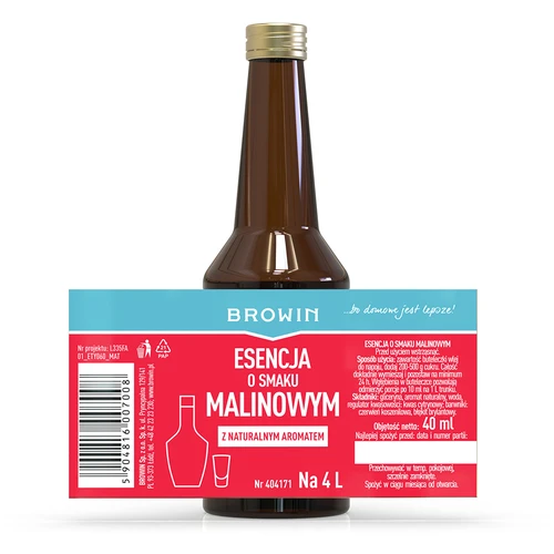 Esencja o smaku malinowym z naturalnym aromatem na 4 L - 40 ml - 6 ['esencja malinowa', ' aromat malinowy', ' zaprawka o smaku malinowym', ' nalewka malinowa', ' nalewka z malin', ' likier malinowy', ' wódka malinowa', ' esencje do bimbru', ' malinówka']