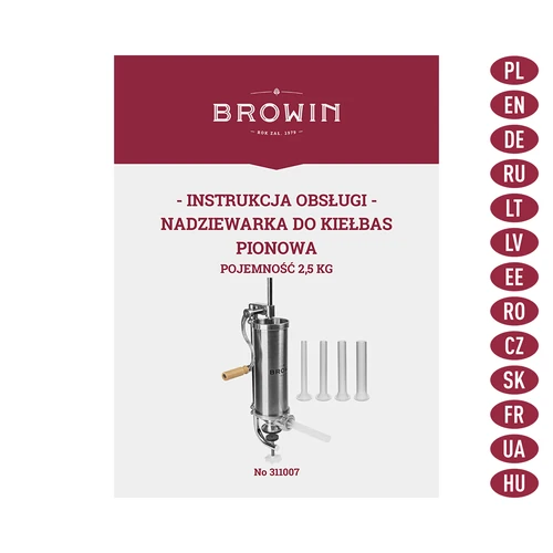 Nadziewarka pionowa 2,5 kg - 9 ['nadziewarka do kiełbas', ' do domowych kiełbas', ' do wędlin', ' do krakowskiej', ' domowe wędliniarstwo', ' do jelit', ' do osłonek białkowych', ' jak nadziewać kiełbasy', ' nabijarka do kiełbas', ' nabijarka wędliniarska', ' nabijarka pionowa']