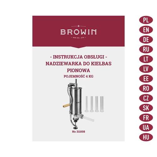 Nadziewarka pionowa 4 kg - 9 ['nadziewarka do wędlin', ' nadziewarka do kiełbas', ' nadziewarka do wędlin', ' nadziewarka pionowa', ' szpryca do kiełbasy', ' szpryca do mięsa', ' domowa nadziewarka', ' nadziewarka gastronomiczna', ' sprzęt masarski', ' nabijarka do kiełbas', ' nabijarka wędliniarska', ' nabijarka pionowa']