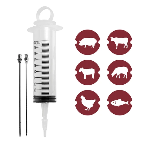 Nastrzykiwarka 100 ml + 2 igły - 9 ['wędliniarstwo', ' do mięs', ' strzykawka do mięs', ' igły ze stali nierdzewnej', ' igła do nastrzyku', ' do mięsa', ' do peklowania', ' niedopeklowanie', ' szare oczka w wędlinie']