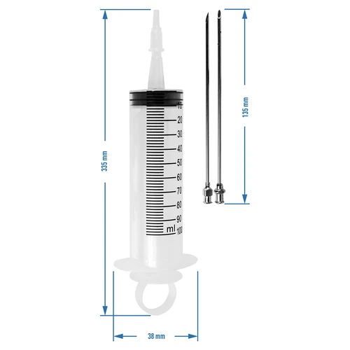 Nastrzykiwarka 100 ml + 2 igły - 10 ['wędliniarstwo', ' do mięs', ' strzykawka do mięs', ' igły ze stali nierdzewnej', ' igła do nastrzyku', ' do mięsa', ' do peklowania', ' niedopeklowanie', ' szare oczka w wędlinie']