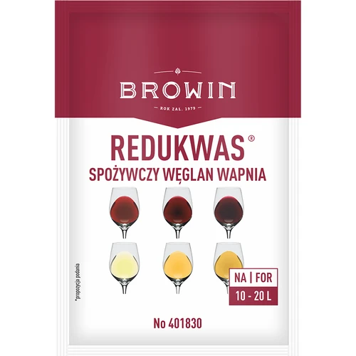 Redukwas - regulator kwasowości  - 1 ['węglan wapnia', ' redukcja kwasowości', ' zmniejszenie kwasowości moszczu i wina', ' do wina', ' wino domowe', ' obniżenie kwasowości', ' wino z czarnej porzeczki', ' wino z winogron', ' wino z malin', ' jak zrobić smaczne wino owocowe', ' zredukowanie kwasu w winie', ' środki do wina', ' kwasowość w enologii', ' wino z kwaśnych owoców', ' zbilansowana kwasowość']