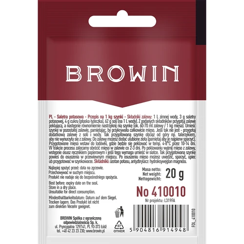 Saletra potasowa do peklowania mięsa, 20 g - 2 ['peklowanie', ' konserwowanie mięsa', ' do wołowiny', ' do wieprzowiny', ' do cielęciny', ' przedłużenie trwałości mięsa', ' do peklowania szynki']