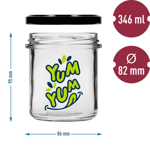 Słoik prosty 346ml fi 82 z kolorowym nadrukiem "Yum Yum" i czarną zakrętką, 3 szt. - 6 ['słoik z nadrukiem', ' słoiki na przetwory', ' ozdobne słoiki', ' słoik z napisem', ' słoik ozdobny', ' słoiki na dżemy', ' słoik szklany z zakrętką', ' słoik na przetwory z zakrętką']