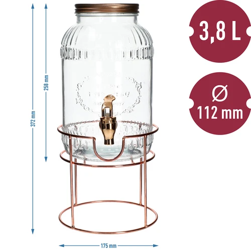 Słoik z kranikiem 3,8 L na stojaku - 6 ['słój z kranem', ' słój do lemoniady', ' słój do ponczu', ' słój do napojów', ' dozownik napojów', ' na przyjęcia', ' do serwowania napojów', ' słój szklany z kranikiem', ' słój na stojaku', ' słoik z kranikiem']