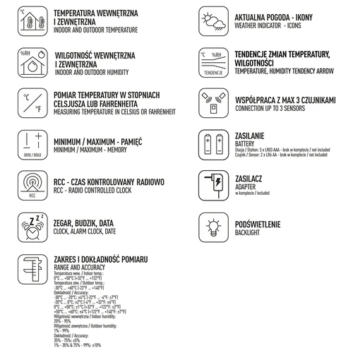 Stacja pogodowa RCC – elektroniczna, podświetlana, bezprzewodowa, 3 czujniki, czarna - 6 ['stacja pogodowa', ' domowa stacja pogodowa', ' temperatura', ' temperatura otoczenia', ' kontrola temperatury', ' termometr elektroniczny', ' termometr z czujnikiem', ' termometr wewnętrzny', ' termometr zewnętrzny', ' termometr na zewnątrz', ' stacja pogodowa']