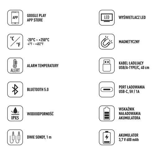 Termometr kuchenny z Bluetooth, 2 sondy - 8 ['termometr kulinarny', ' termometr do żywności', ' do gotowania', ' do wędzenia', ' do pieczenia', ' termometr do mięs', ' termometr do ciast', ' termometr z bluetooth', ' termometr uniwersalny', ' najlepszy termometr kulinarny', ' termometr z sondą', ' termometr z aplikacją', ' pomysł na prezent']