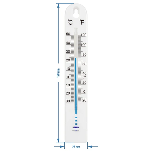 Termometr uniwersalny (-30 do +50°C), 17 cm, biały - 2 ['termometr', ' termometr uniwersalny', ' termometr z tworzywa', ' termometr czytelna skala', ' termometr z podwójną skalą w °C i °F', ' termometr do pomieszczeń o dużej wilgotności', ' termometr zewnętrzny do -30°C', ' termometr odporny na wilgoć', ' termometr w kolorze białym', ' solidny termometr']