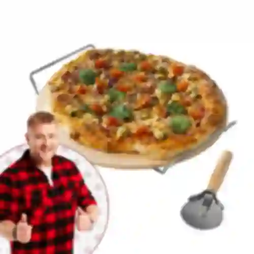 Kamień do pizzy z uchwytem i nożykiem, z kordierytu, okrągły 33 cm