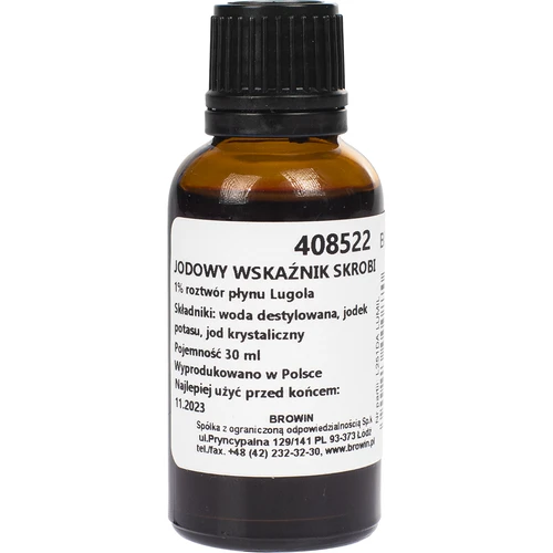 Wskaźnik jodowy skrobi, 30 ml  - 1 ['scukrzanie skrobii', ' płyn Lugola', ' ocena rozkładu skrobii', ' do browarnictwa']