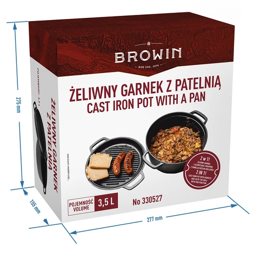 Żeliwny garnek z patelnią, 3,5 L - 9 ['garnek z patelnią', ' 2 w 1', ' garnek z żeliwa', ' patelnia z żeliwa', ' patelnia żeliwna', ' zestaw naczyń żeliwnych', ' do gotowania', ' do smażenia', ' do pieczenia', ' do ogniska', ' patelnia grillowa']