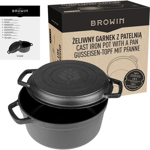 Żeliwny garnek z patelnią, 5 L + 1 L - 10 ['garnek z patelnią', ' 2 w 1', ' garnek z żeliwa', ' patelnia z żeliwa', ' patelnia żeliwna', ' zestaw naczyń żeliwnych', ' do gotowania', ' do smażenia', ' do pieczenia', ' do ogniska', ' patelnia grillowa']