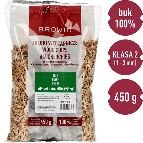 Zrębki do wędzenia/grillowania, buk, 450 g, kl. 2 - 2 ['zrębki wędzarnicze', ' zrębki do wędzenia', ' zrębki do grilla', ' zrębki do grillowania', ' dym wędzarniczy', ' zrębki bukowe', ' zrębki do wędzenia mięs', ' zrębki uniwersalne', ' zrębki do wędzarni', ' zrębki do ryb', ' zrębki do drobiu', ' zrębki do wołowiny', ' zrębki do wieprzowiny', ' zrębki do jagnięciny', ' zrębki do dziczyzny', ' zrębki drobne', ' zrębki do podajnika automatycznego']