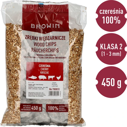 Zrębki do wędzenia/grillowania, czereśnia, 450 g, kl. 2 - 2 ['zrębki wędzarnicze', ' zrębki do wędzenia', ' zrębki do grilla', ' zrębki do grillowania', ' dym wędzarniczy', ' zrębki z czereśni', ' zrębki czereśniowe', ' zrębki do wędzenia mięs', ' zrębki uniwersalne', ' zrębki do wędzarni', ' zrębki do ryb', ' zrębki do drobiu', ' zrębki do wołowiny', ' zrębki do wieprzowiny']