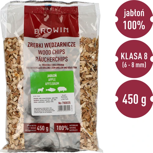 Zrębki do wędzenia/grillowania, jabłoń, 450 g, kl. 8 - 2 ['zrębki wędzarnicze', ' zrębki do wędzenia', ' zrębki do grilla', ' zrębki do grillowania', ' dym wędzarniczy', ' zrębki z jabłoni', ' zrębki jabłoń', ' zrębki do wędzenia mięs', ' zrębki do wędzarni', ' zrębki do ryb', ' zrębki do jagnięciny', ' zrębki do wieprzowiny']