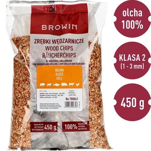 Zrębki do wędzenia/grillowania, olcha, 450 g, kl. 2 - 2 ['zrębki wędzarnicze', ' zrębki do wędzenia', ' zrębki do grilla', ' zrębki do grillowania', ' dym wędzarniczy', ' zrębki z olchy', ' zrębki olchowe', ' zrębki z olszyny', ' zrębki z drzewa olchowego', ' zrębki do wędzenia mięs', ' zrębki do wędzarni', ' zrębki do ryb', ' zrębki do jagnięciny', ' zrębki do wieprzowiny', ' zrębki do wołowiny', ' zrębki do dziczyzny', ' wędzenie mięs']